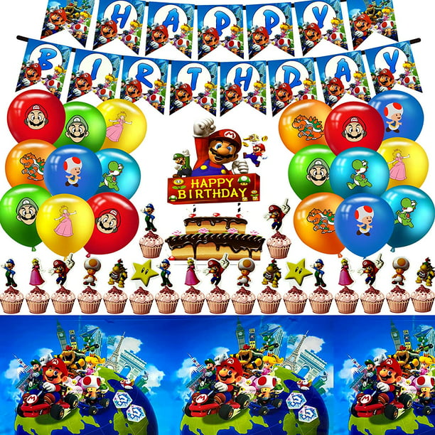 Super Mario Bros Happy Birthday Banner Balloon Cake Toppers Party Mario Decorations Kit Mario Birthday Party Supplies 